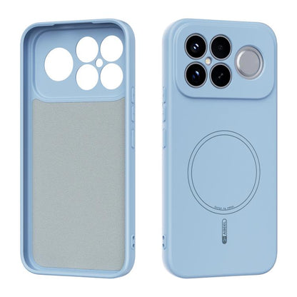 Light blue liquid silicone phone case with MagSafe ring cutout and camera protection