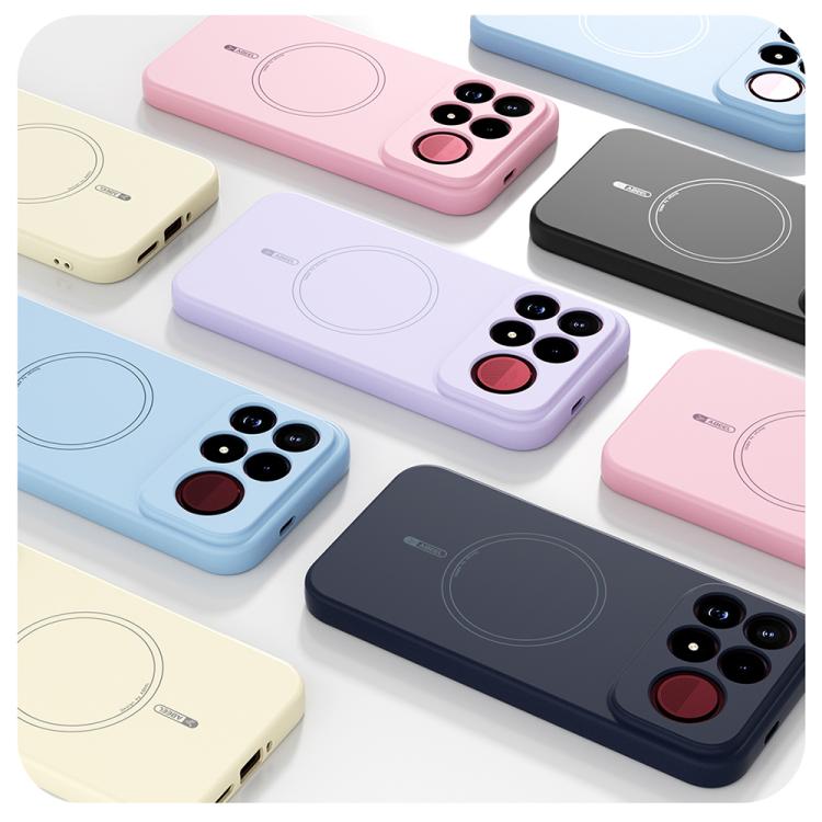 Assorted liquid silicone MagSafe phone cases in blue, pink, purple, yellow, and dark navy