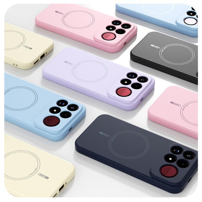 Assorted liquid silicone MagSafe phone cases in blue, pink, purple, yellow, and dark navy