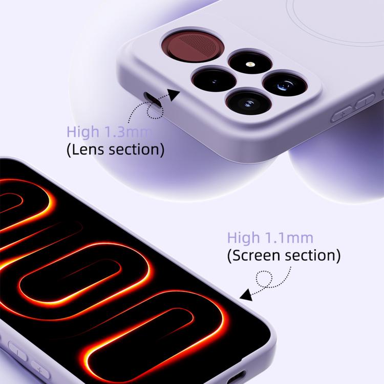 Liquid silicone MagSafe phone case in lilac purple with raised camera lens openings