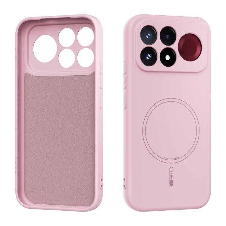 Pink MagSafe liquid silicone phone case with camera cutouts and circular ring mark.