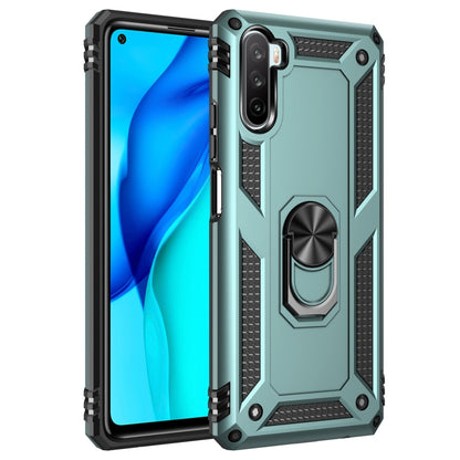 Green rugged phone case with dual-layer protection and built-in rotating ring holder