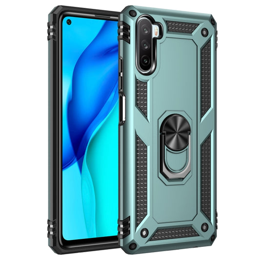 Green rugged phone case with dual-layer protection and built-in rotating ring holder