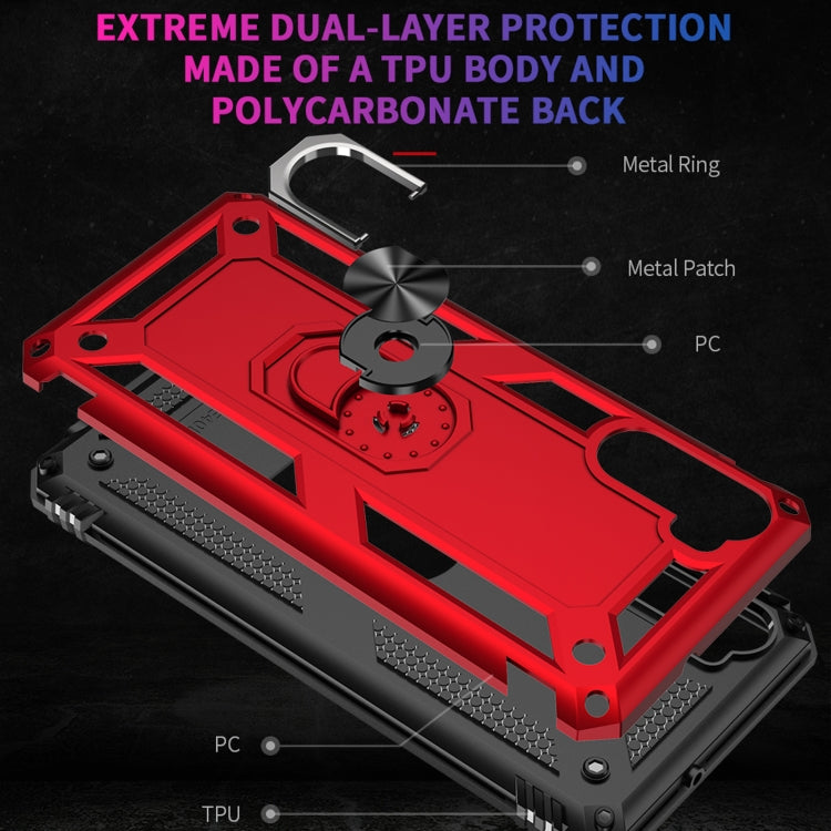 Red and black rugged protective case with TPU and PC layers plus metal ring holder
