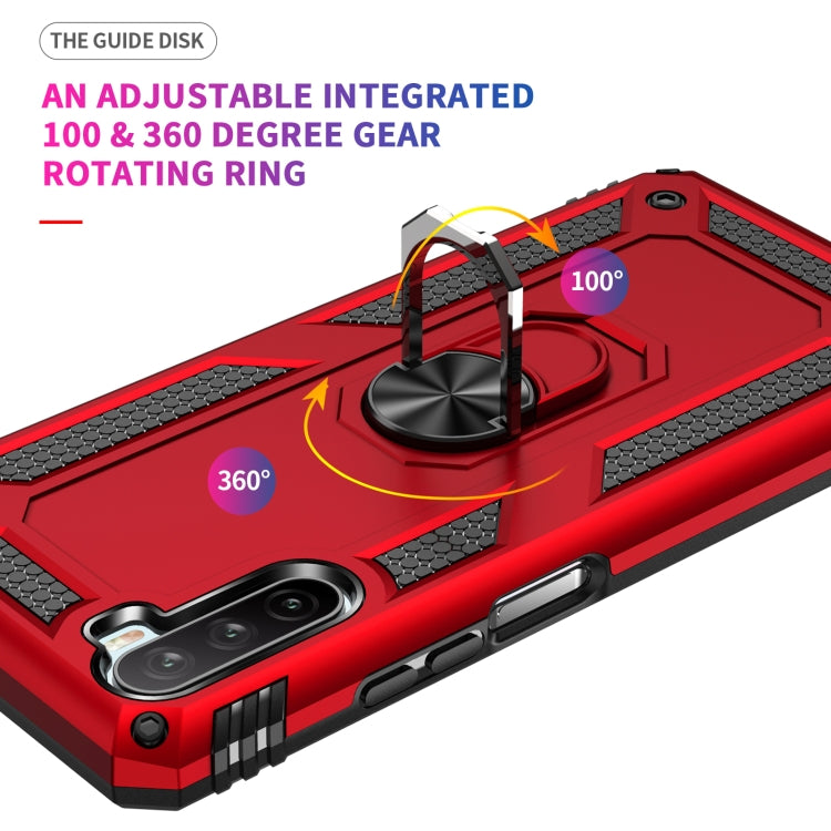Red rugged phone case with adjustable 360 rotating ring for stand use