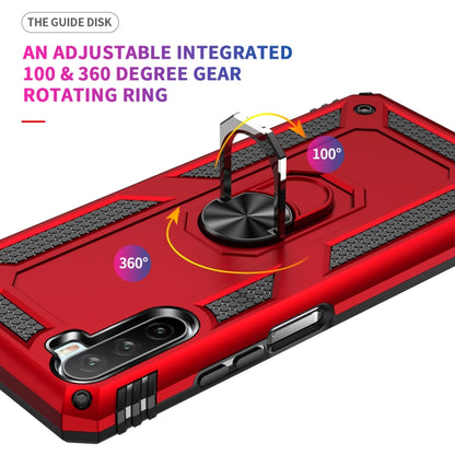 Red rugged phone case with adjustable 360 rotating ring for stand use