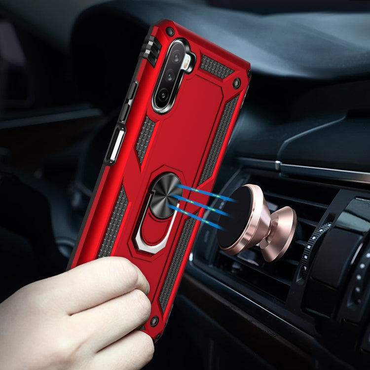 Red rugged phone case with rotating ring holder used for car mount