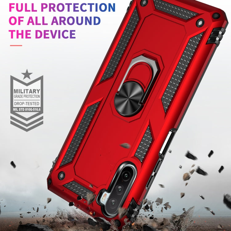 Red shockproof rugged phone case with rotating ring holder and camera cutouts