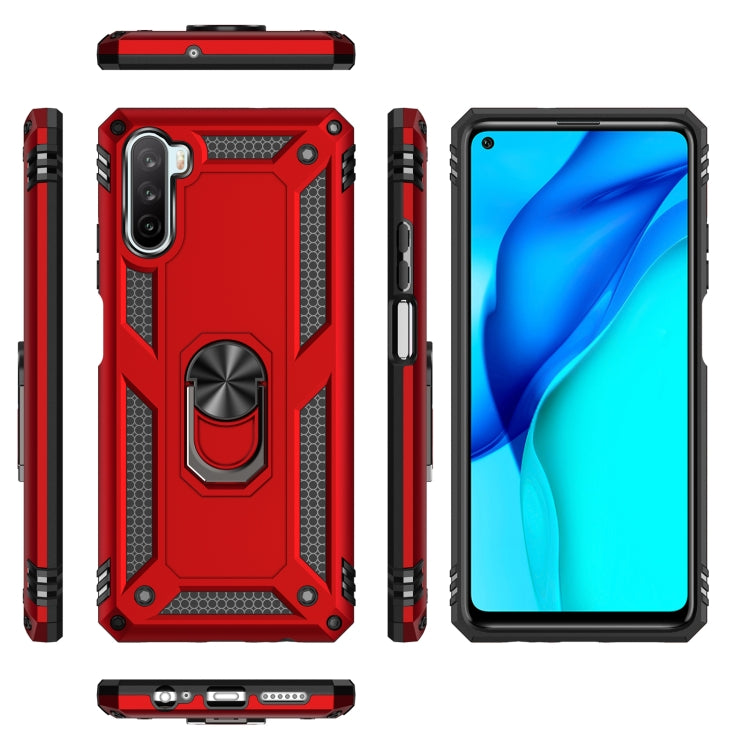 Red rugged phone case shown from front, back, and sides with rotating ring holder