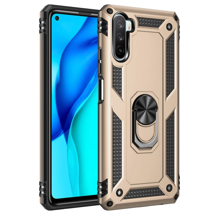Beige rugged phone case with dual-layer protection and built-in rotating ring holder