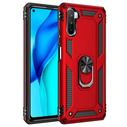 Red shockproof phone case with black accents and rotating kickstand ring holder