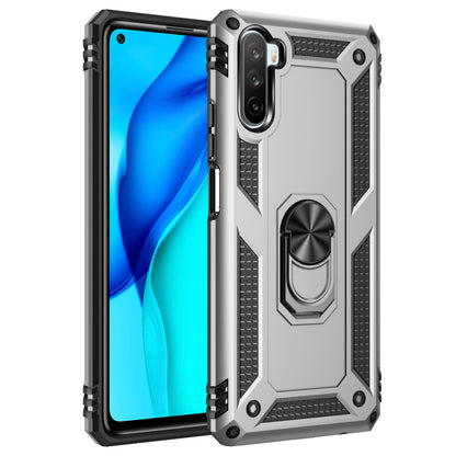 Silver shockproof phone case with black accents and rotating kickstand ring holder