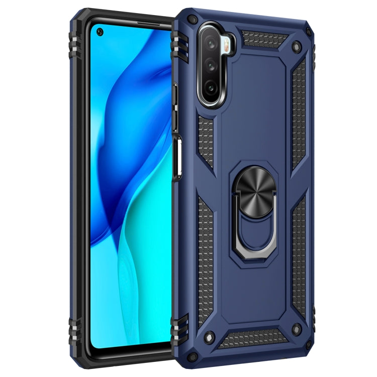 Blue shockproof phone case with black accents and rotating kickstand ring holder