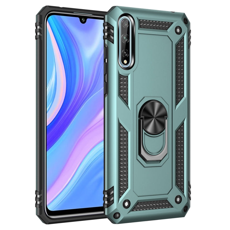 Dark green rugged phone case with dual-layer protection and rotating ring holder