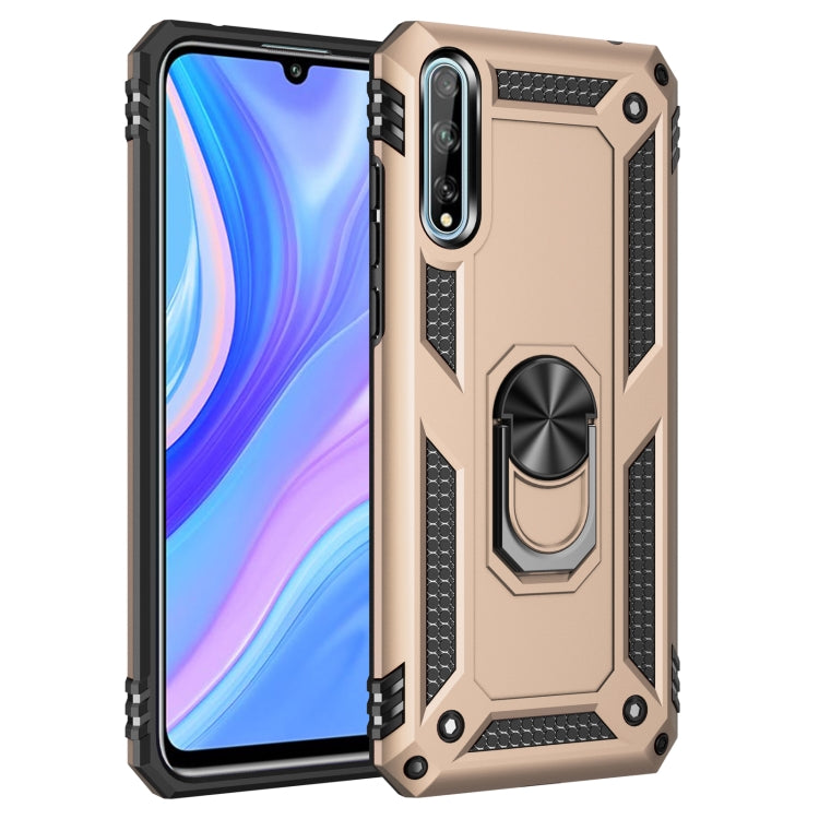 Beige shockproof phone case with black accents and rotating kickstand ring holder