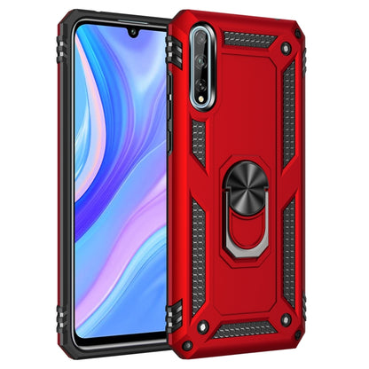 Red shockproof phone case with black edges and rotating kickstand ring holder