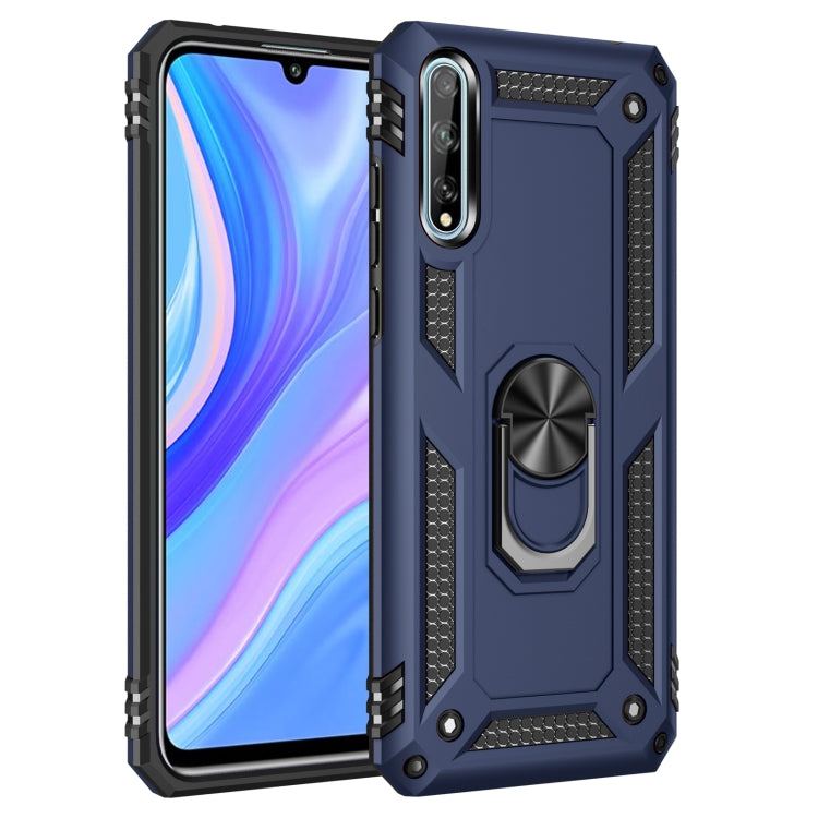 Blue shockproof phone case with black accents and rotating kickstand ring holder