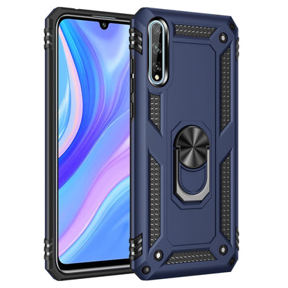 Blue shockproof phone case with black accents and rotating kickstand ring holder