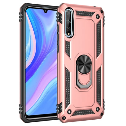 Shockproof phone case in rose gold with rotating kickstand ring holder, rugged armor