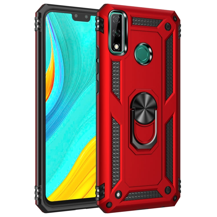 Red shockproof phone case with black accents and rotating kickstand ring holder