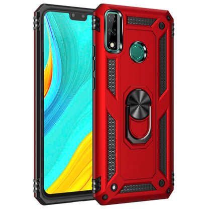 Red shockproof phone case with black accents and rotating kickstand ring holder