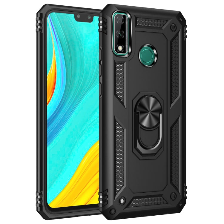 Black shockproof phone case with green camera button and rotating kickstand ring holder
