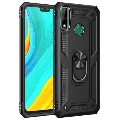 Black shockproof phone case with green camera button and rotating kickstand ring holder