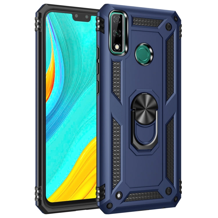 Blue shockproof phone case with green camera button and rotating kickstand ring holder