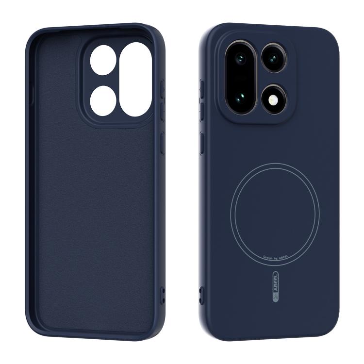 Dark navy liquid silicone MagSafe phone case with circular ring cutout and camera cover
