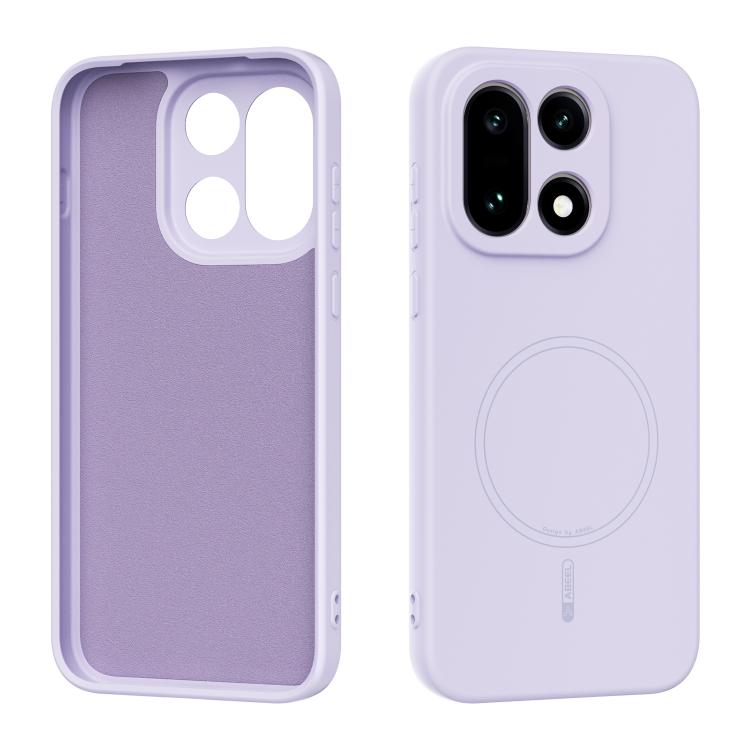 Lilac purple liquid silicone MagSafe phone case with circular ring cutout and camera cover