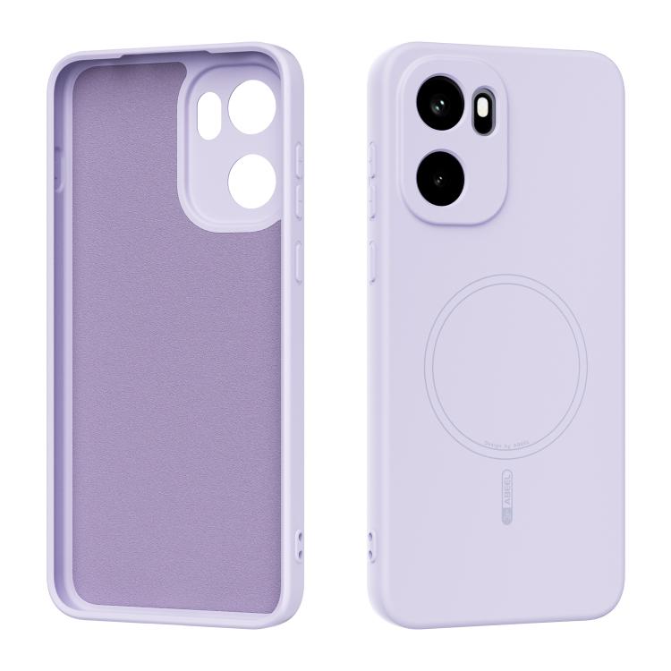 Lilac purple liquid silicone MagSafe phone case with camera cutouts and ring