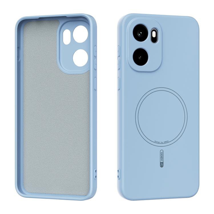 Light blue liquid silicone MagSafe phone case with circular ring cutout