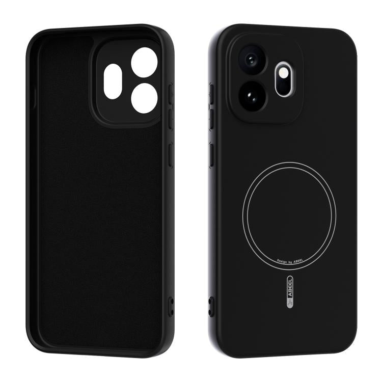 Black MagSafe liquid silicone phone case with circular magnetic ring and camera cutouts