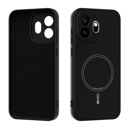 Black MagSafe liquid silicone phone case with circular magnetic ring and camera cutouts