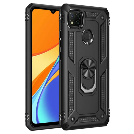 Rugged black phone case with TPU/PC shell and rotating ring holder