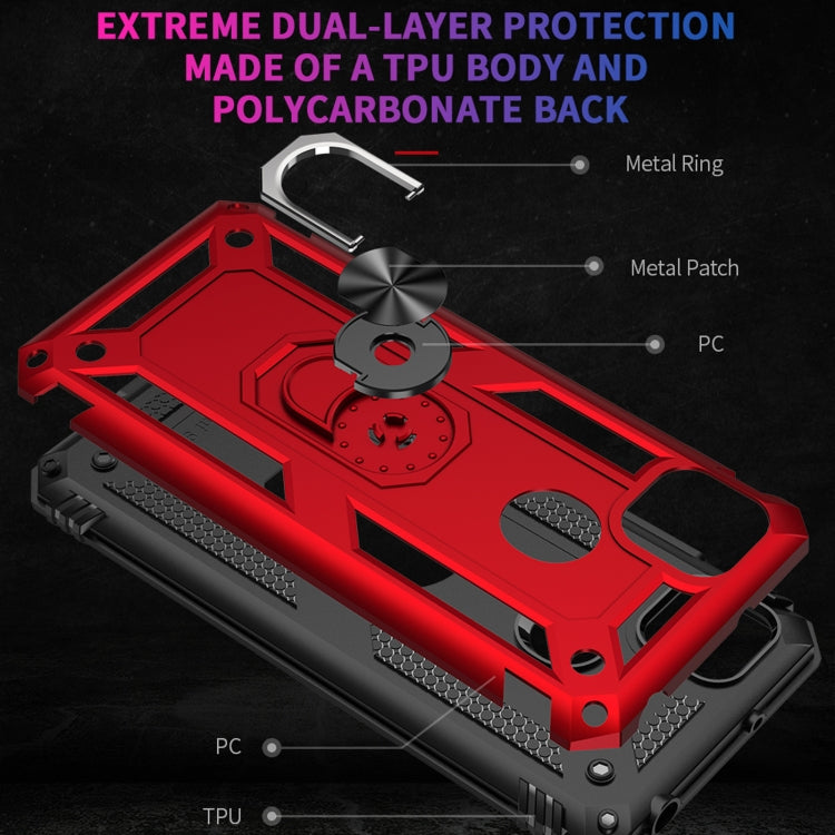Red dual-layer TPU and PC back phone case with textured grip and metal ring