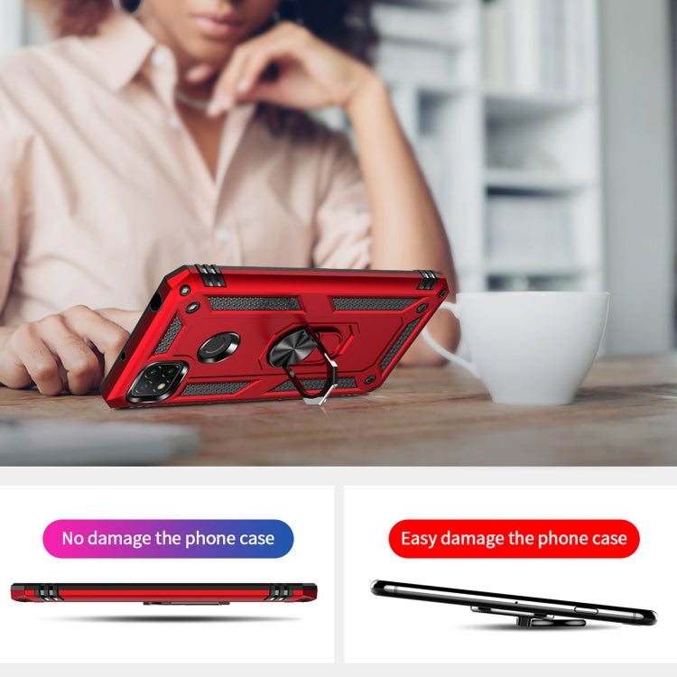 Red rugged phone case with rotating ring holder and side button cutouts