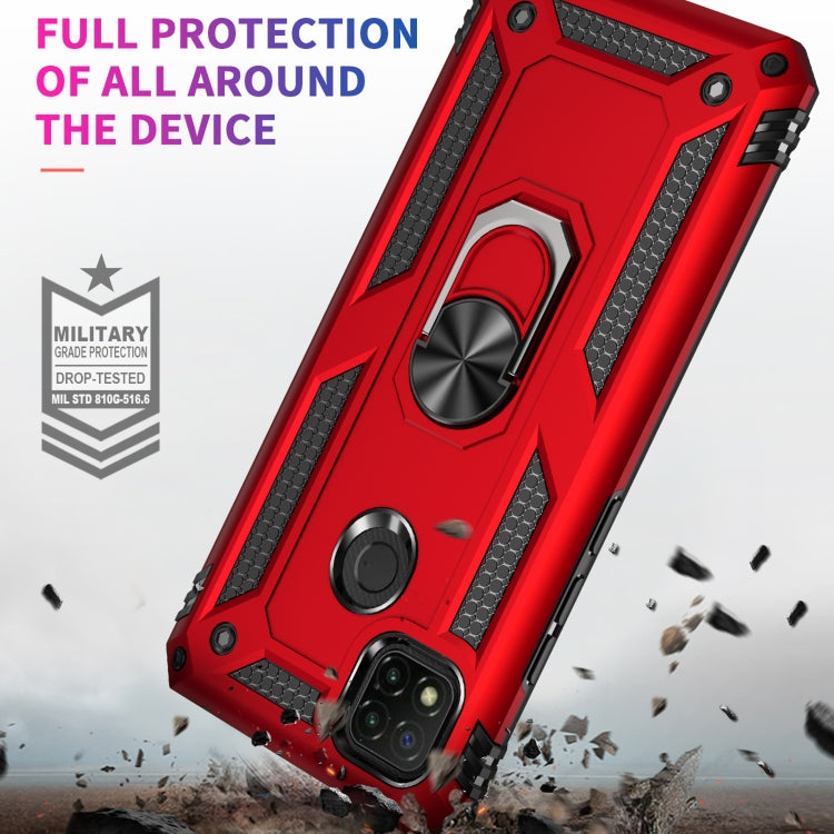 Red drop-resistant phone case with textured edges and built-in rotating ring