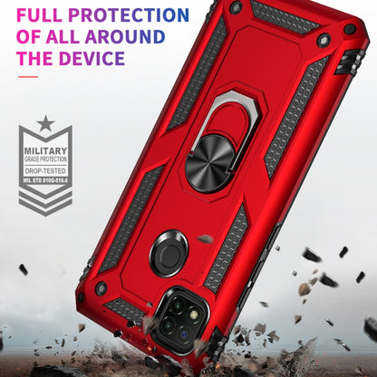Red drop-resistant phone case with textured edges and built-in rotating ring