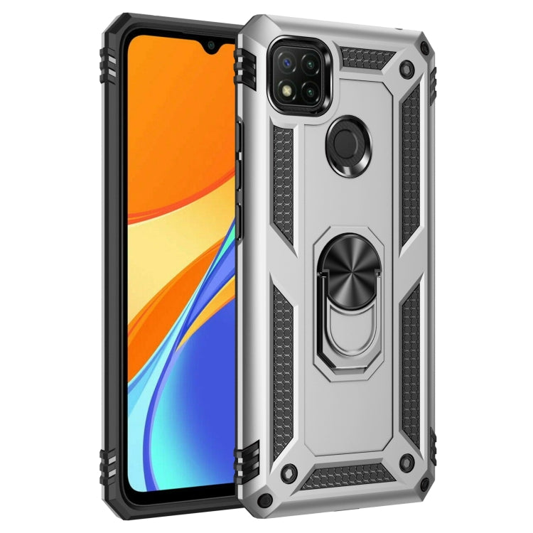 Shockproof phone case with 360 rotating ring holder, silver/gray with black accents