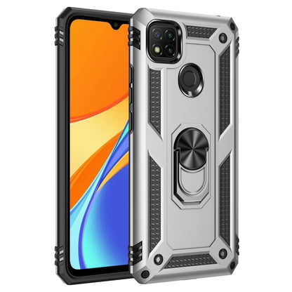 Shockproof phone case with 360 rotating ring holder, silver/gray with black accents