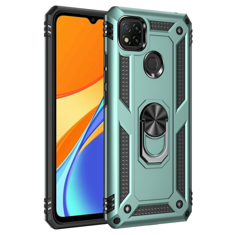 Shockproof phone case with 360 rotating ring holder, green with black accents