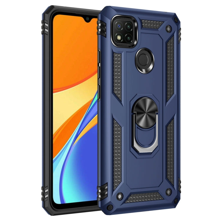 Blue rugged phone case with TPU/PC shell and rotating ring holder