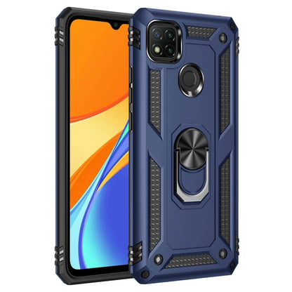 Blue rugged phone case with TPU/PC shell and rotating ring holder