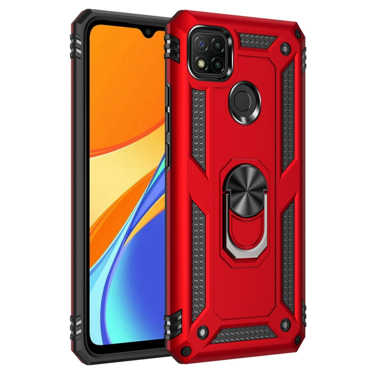Shockproof phone case with 360 rotating ring holder, red with black accents