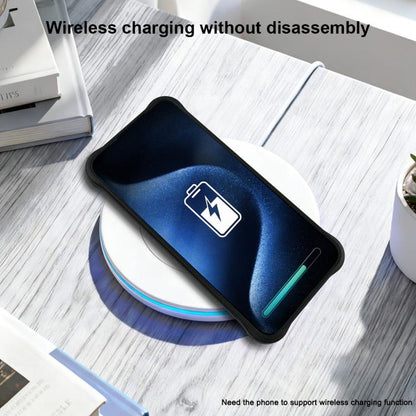 Matte black shockproof TPU phone case on a phone with wireless charging symbol