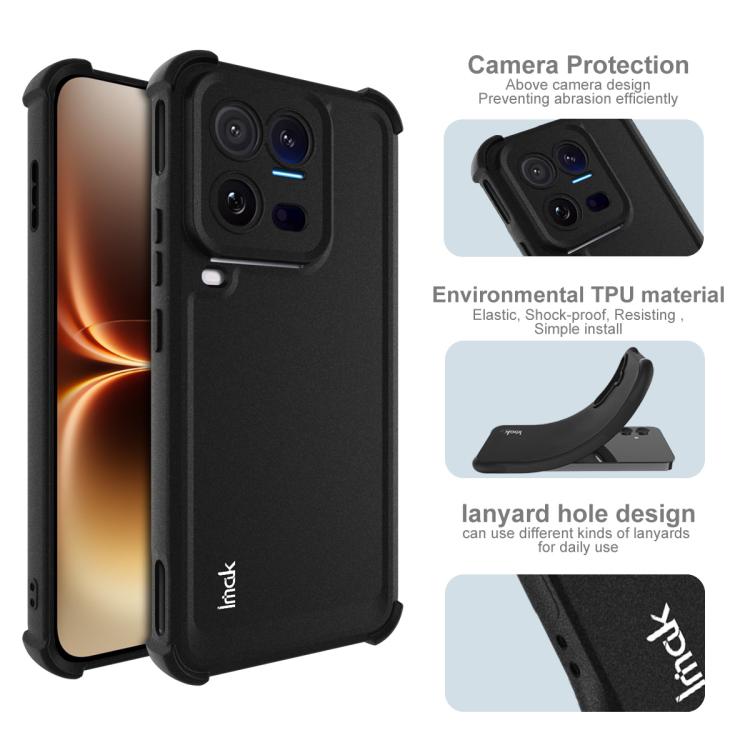 Shockproof airbag TPU phone case, matte black, back view with lanyard hole and camera guards