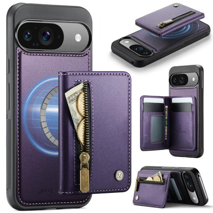 RFID MagSafe zipper card phone bag case in purple leather with card wallet slots