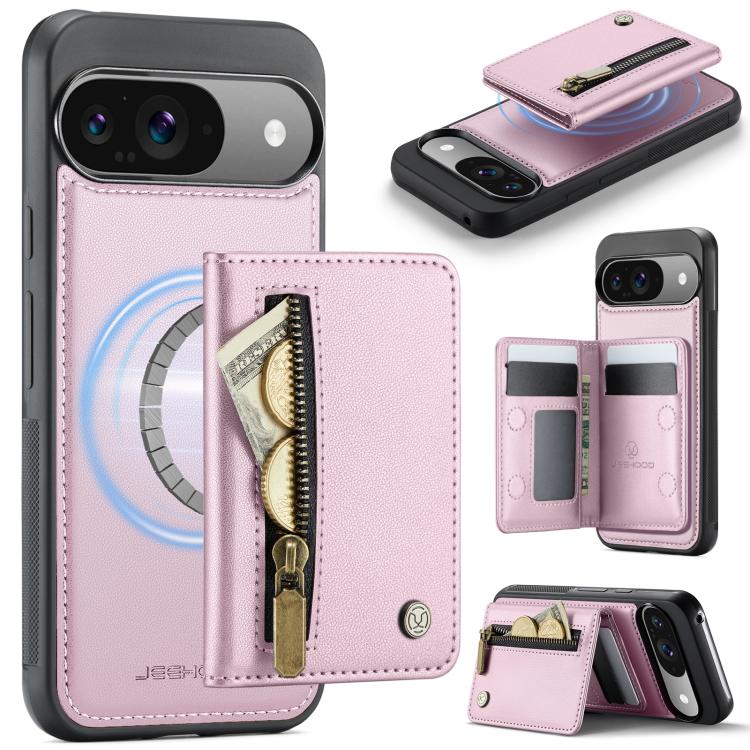 RFID MagSafe zipper card phone bag case in pink leather with card wallet slots