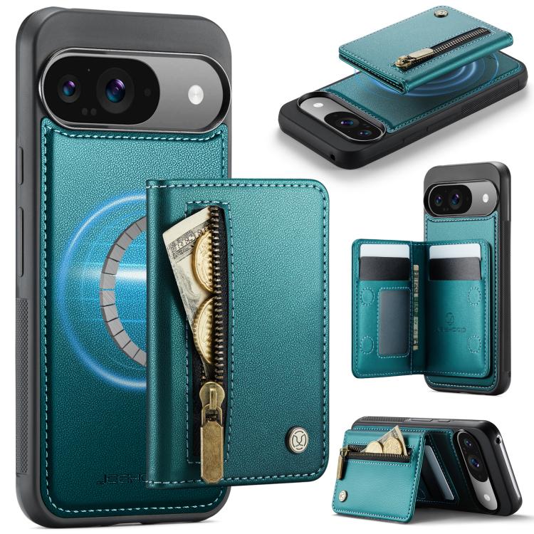 RFID MagSafe zipper card phone bag case in teal leather with card wallet slots